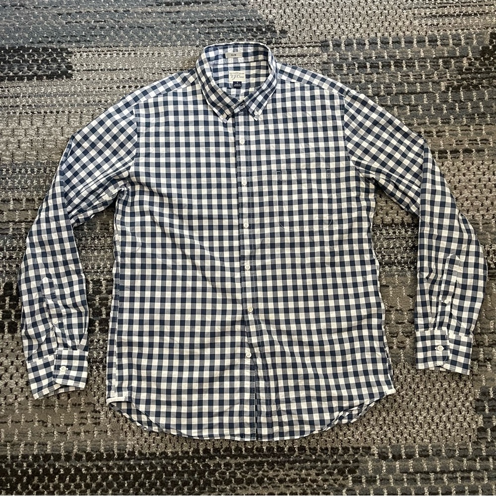 Men’s J Crew Slim Fit 2-Ply Cotton Long Sleeve Button Down, Navy White, Large